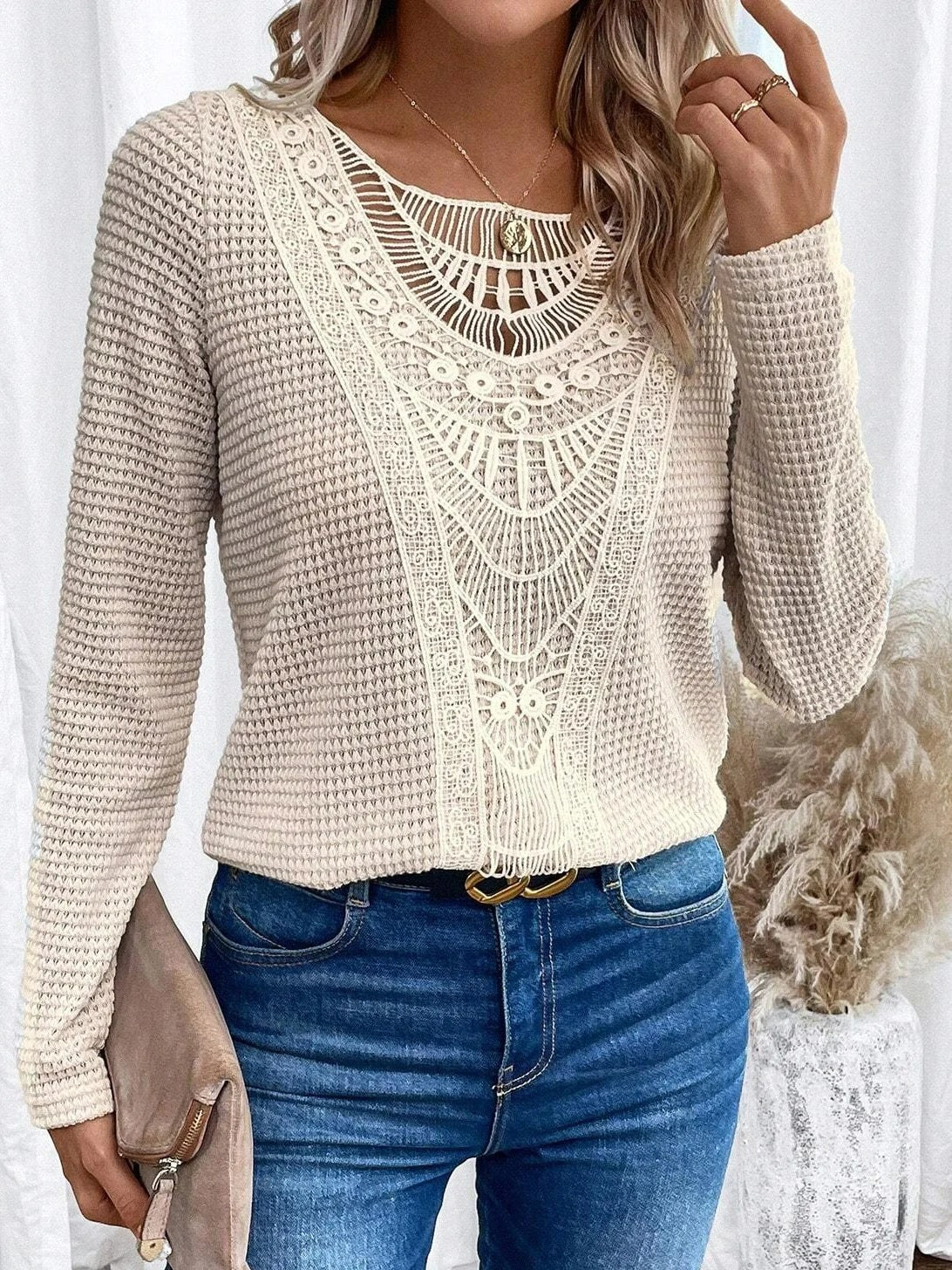 Lace Patchwork Round Neck Women's Long-sleeved T-shirt
