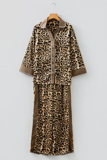 Leopard Collared 3/4 Sleeve Shirt and Pants Set