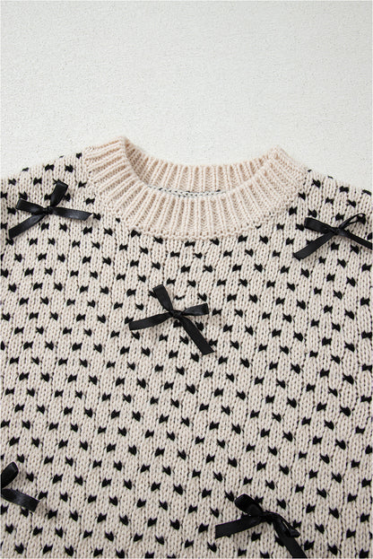 Bow Tie Ribbed Edge Crewneck Long Sleeve Sweater