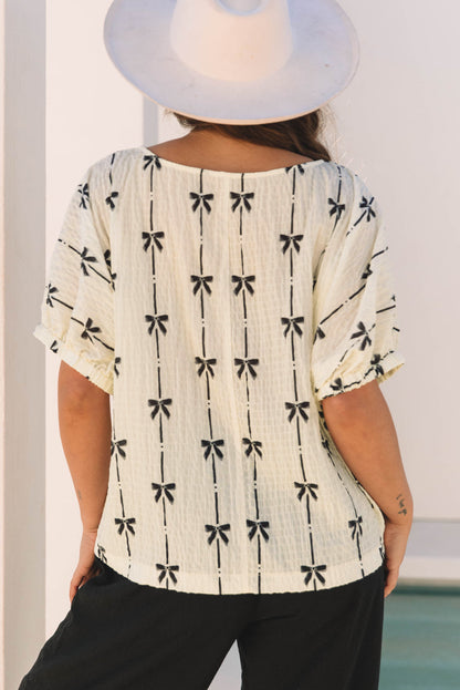 Bow Textured Puff Sleeve Top