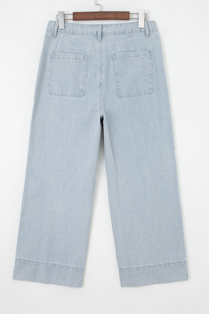 Stripe Denim Button Flap Pocket Cuffed Hem Jeans