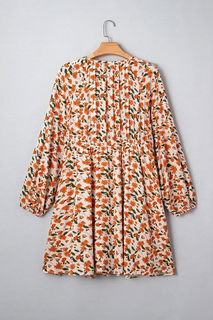 Plus Size Floral Long Sleeve V-Neck Babydoll Dress