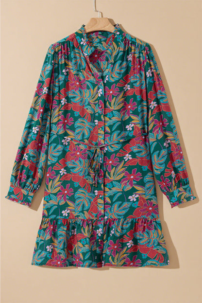 Floral Frilled V-Neck Puff Sleeve Ruffle Shirt Dress