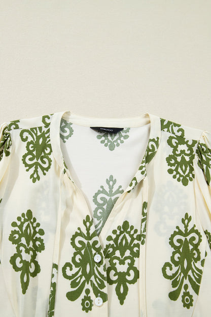 Tie V-Neck Puffy Half Sleeve Shirt