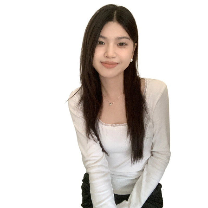 Lace Floral Shoulder Long Sleeve Slim-fit Crop Top