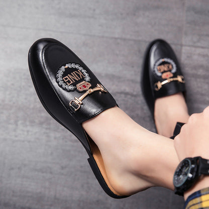 Men's Closed Toe Half Slippers: Bright Leather, Fashion Embroidery