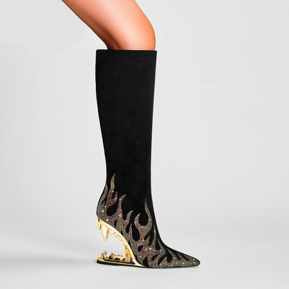 Rhinestone Flame Stretch Boots Tiger Tooth Heel