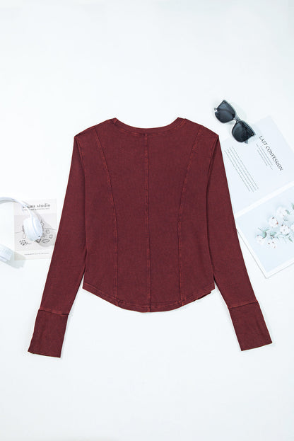 Solid Ribbed Knit Buttoned Long Sleeve Top