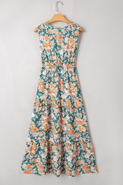 Floral Trim V-Neck Tie Waist Dress