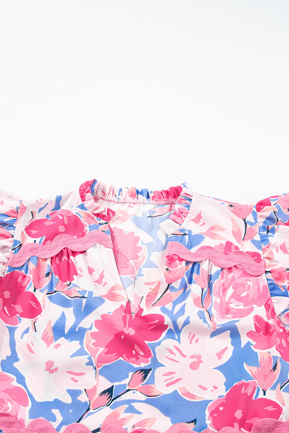 Floral V-Notch Ric-Rac Flutter Sleeve Dress