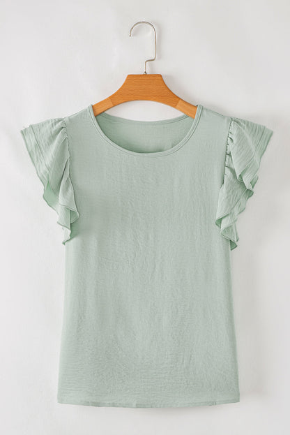 Solid Ruffle Short Sleeve Casual Blouse