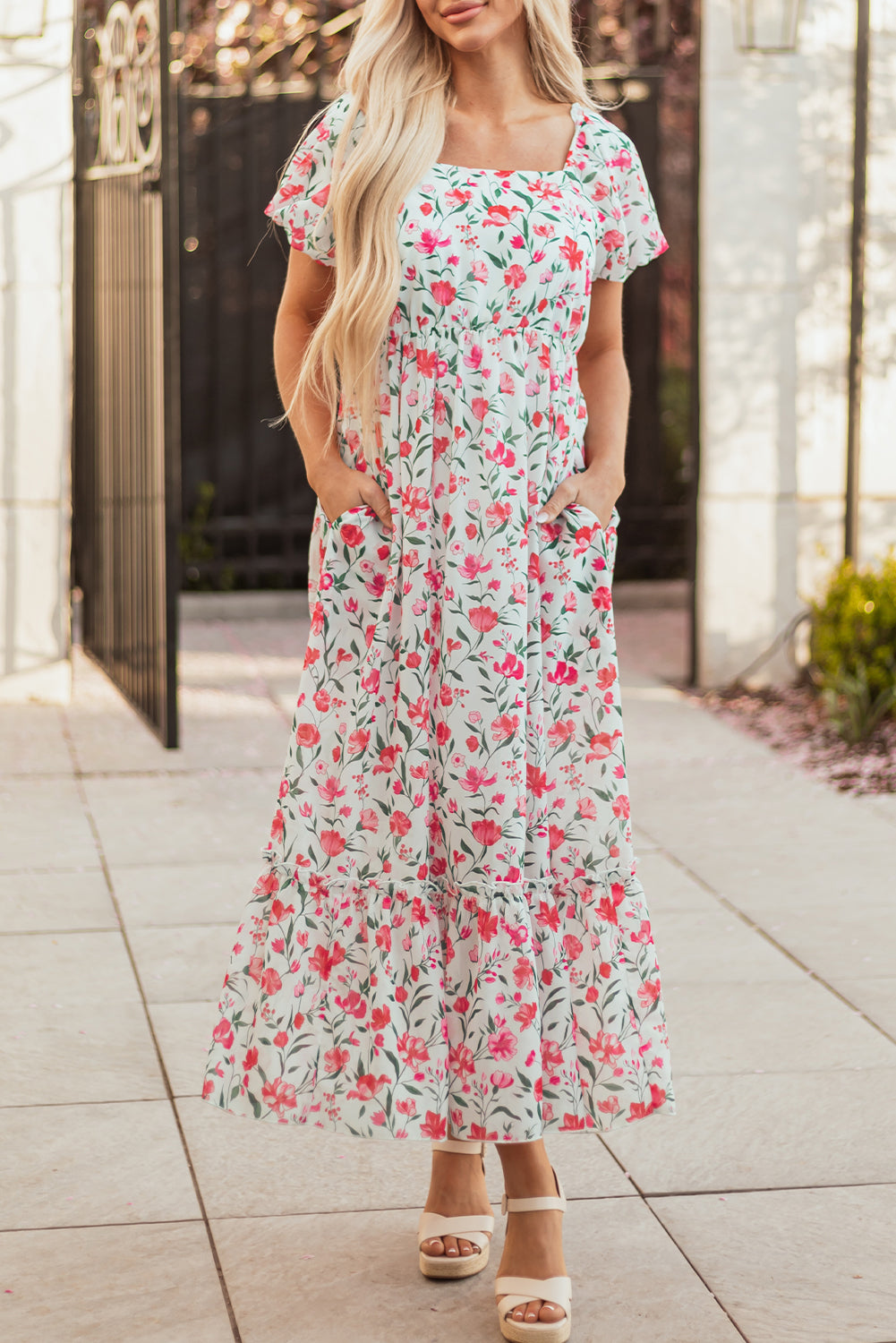 Floral Puff Sleeve Empire Waist Tiered Dress