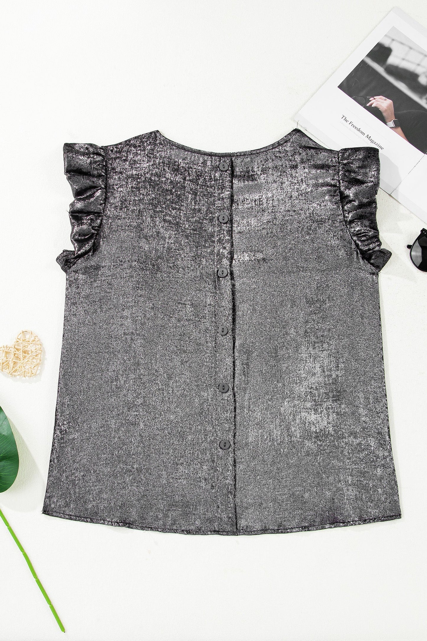 Metallic Round Neck Ruffle Trim Sleeveless Top