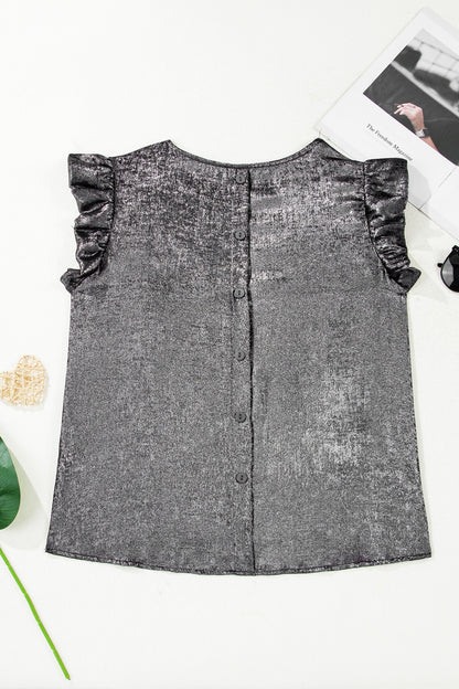 Metallic Round Neck Ruffle Trim Sleeveless Top