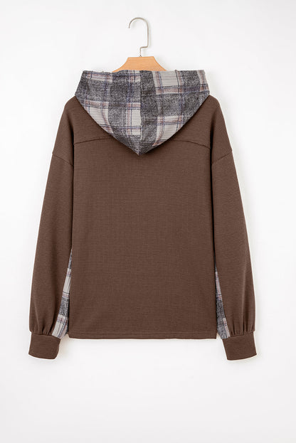 Plaid Patchwork Button-Up Drawstring Hooded Shacket