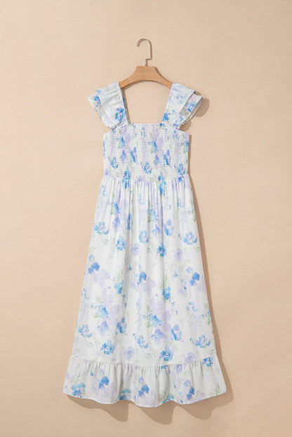 Floral Smocked High Waist Double Ruffle Dress