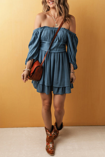 Solid Ruched Frilled Neck 3/4 Sleeve Dress