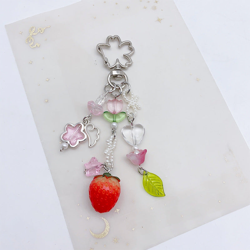 Cute Strawberry Beaded Pendant Keychain