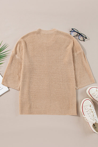 Contrast Stripe 3/4 Sleeve Crew Neck Sweater