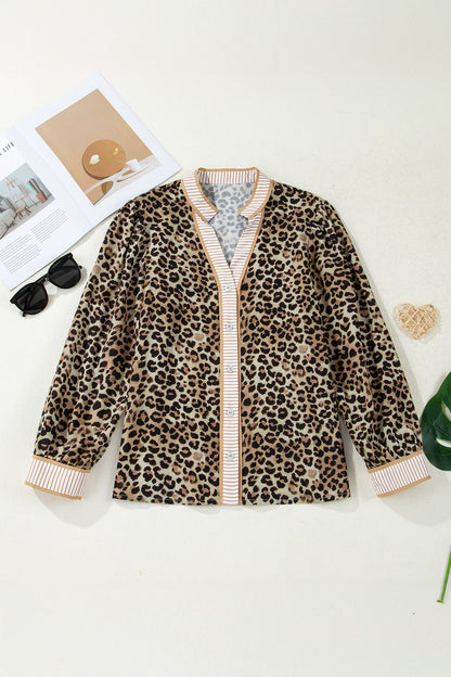 Leopard Contrast Stripe V-Neck Shirt