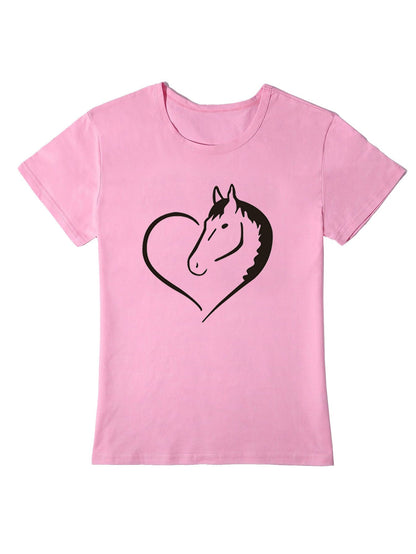 Heart Horse Pattern Printed Shoulder Short Sleeve