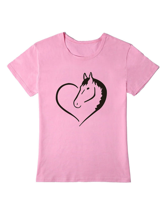 Heart Horse Pattern Printed Shoulder Short Sleeve