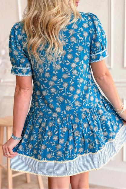 Floral Ruffle Stripe Trim Short Sleeve Buttoned Dress