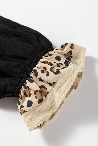 Leopard Patchwork Ruffle Long Sleeve Polo Collar Blouse