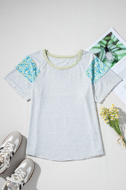 Floral Contrast Stripe Insert Sleeve Round Neck Tee
