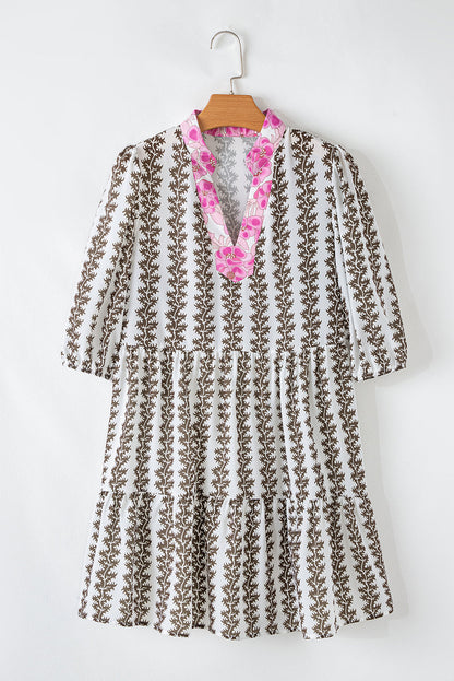 Floral Contrast V-Neck Bracelet Sleeve Dress
