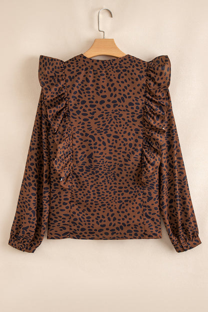 Leopard Ruffle Puff Sleeve Blouse