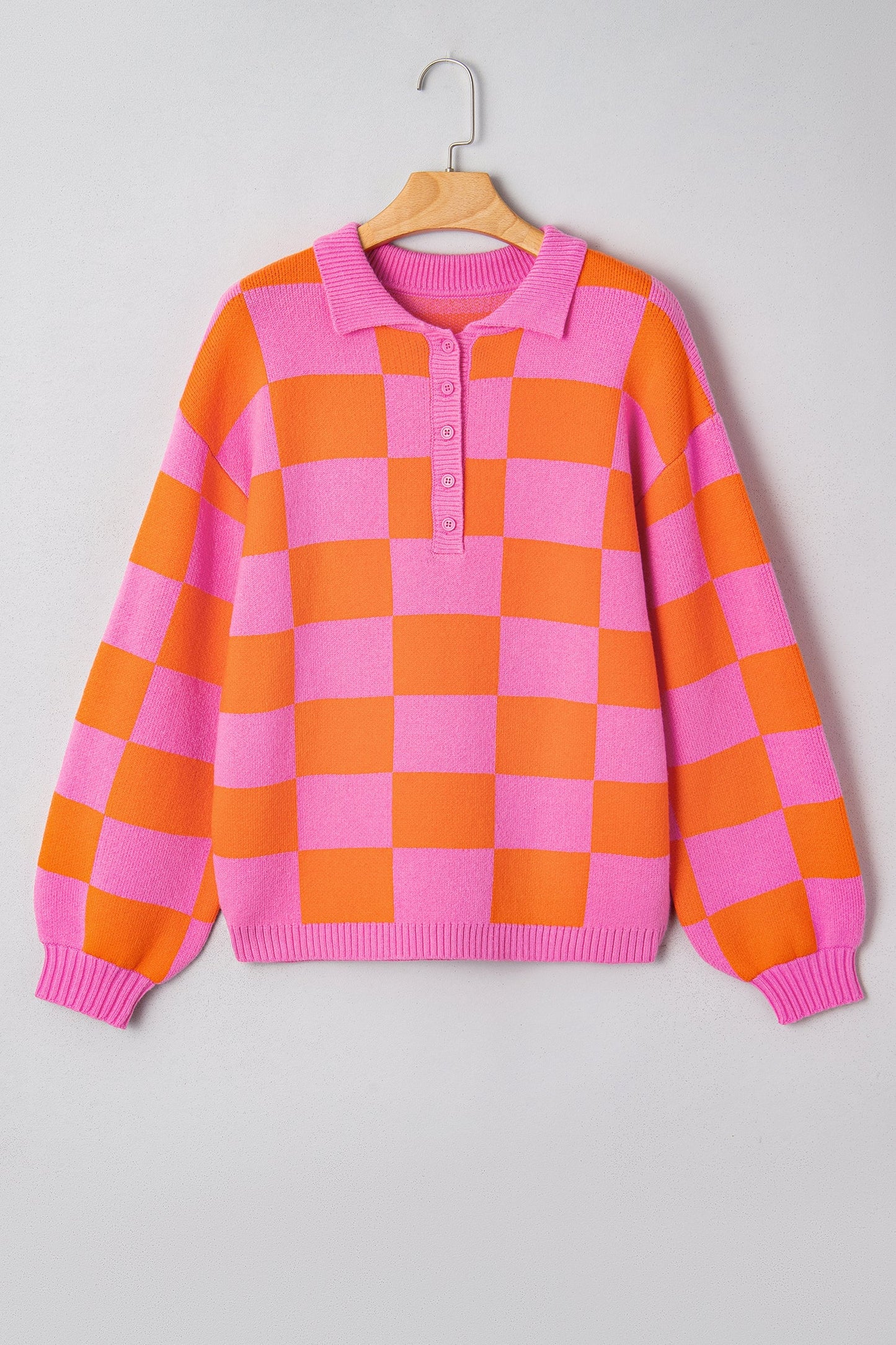 Checker Polo Collar Baggy Knit Sweater
