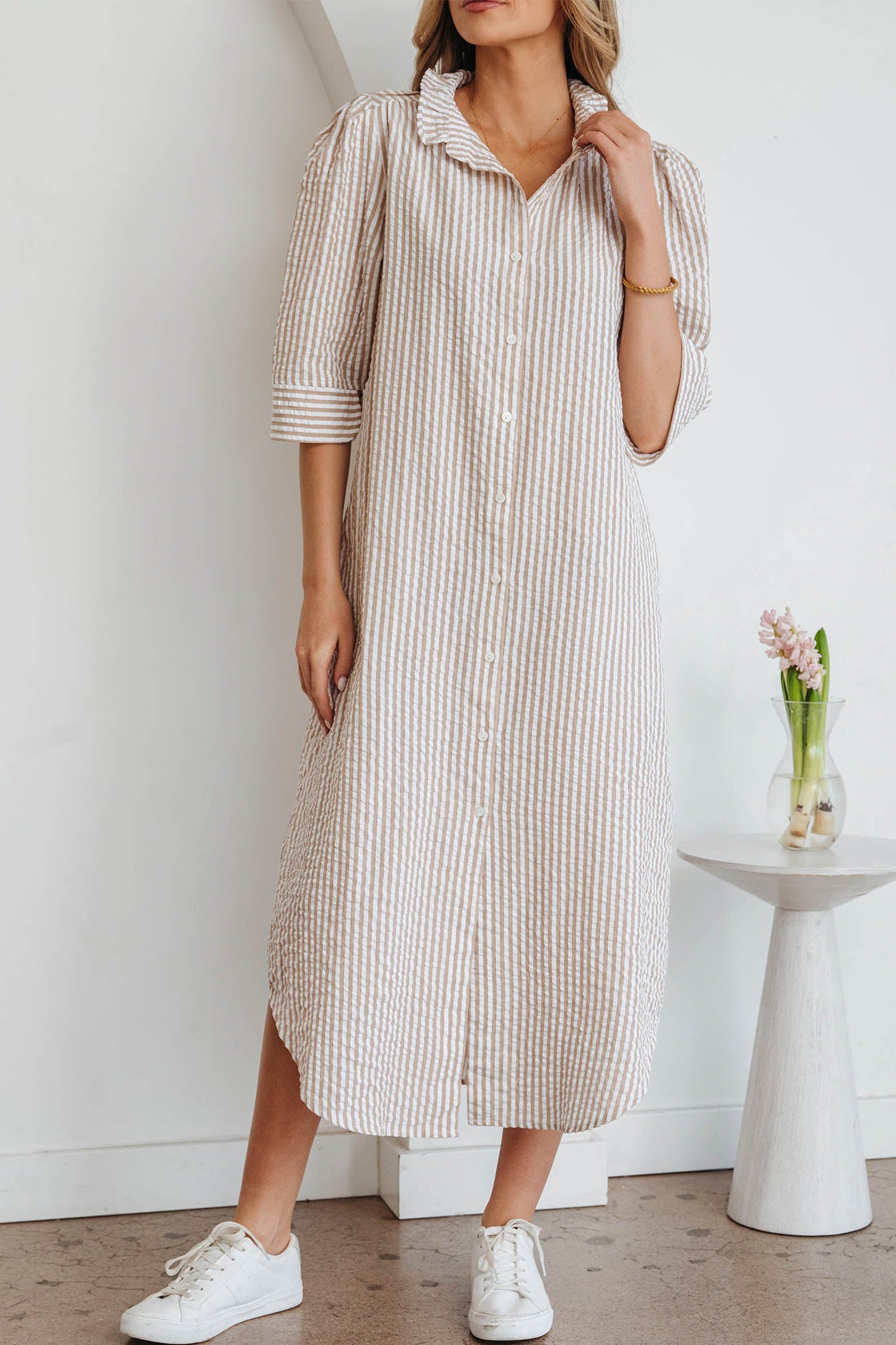 Stripe Frill Collar Half Sleeve Maxi Dress