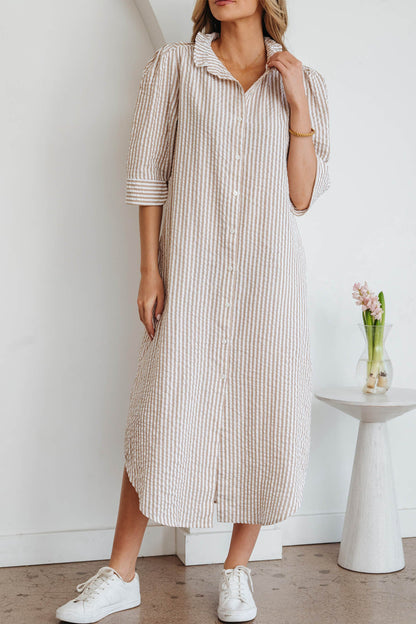 Stripe Frill Collar Half Sleeve Maxi Dress