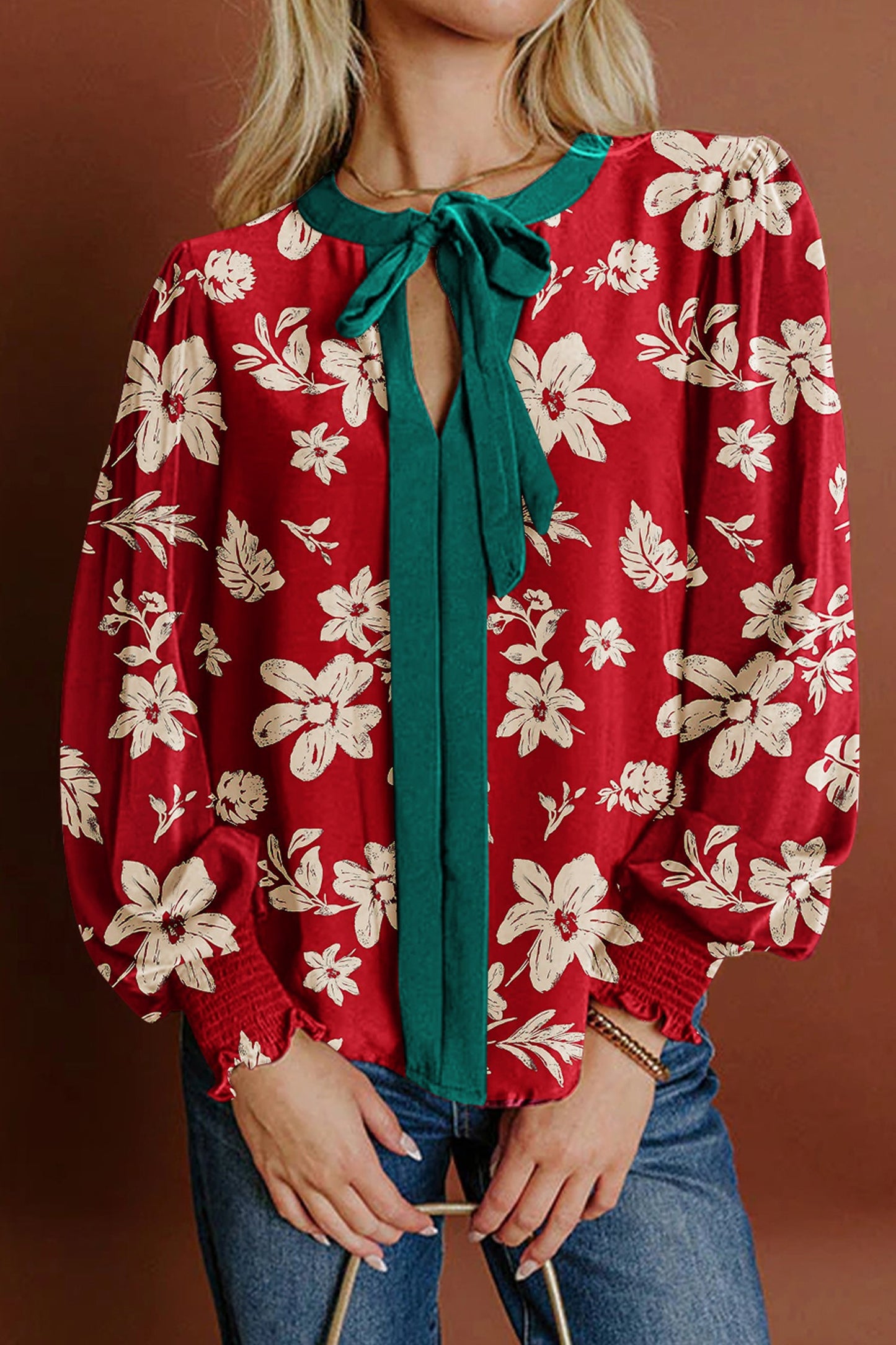 Flower Tied Neck Shirred Puff Sleeve Blouse