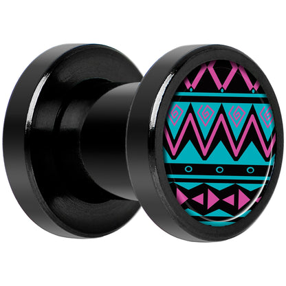 Pink Teal Tribal Print Black Anodized Screw Fit Plug Set 2G