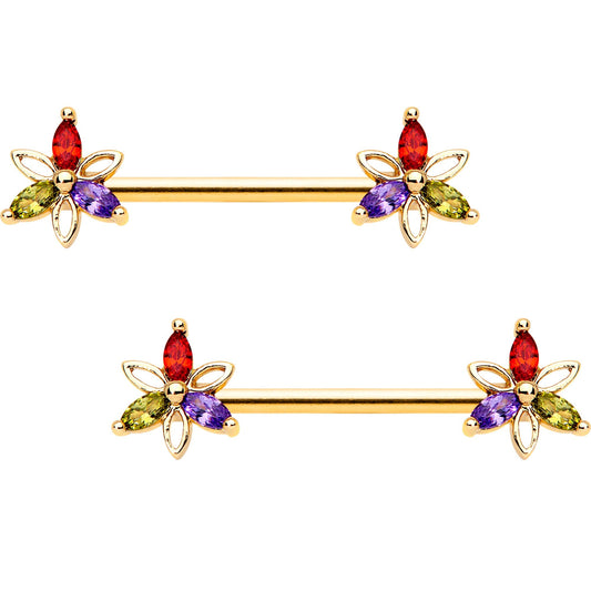 14G Rainbow Gem Star Gold Tone BCR Ring Barbell Nipple Ring Set