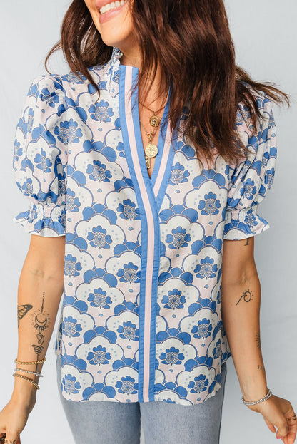 V-Neck Floral Flounced Short Sleeve Blouse
