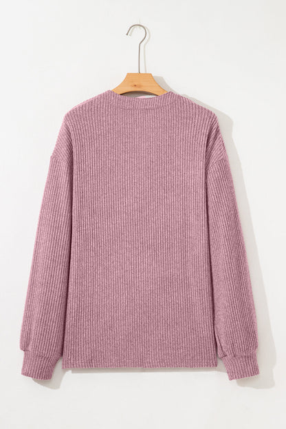 Solid Ribbed Knit Drop Shoulder Henley Top