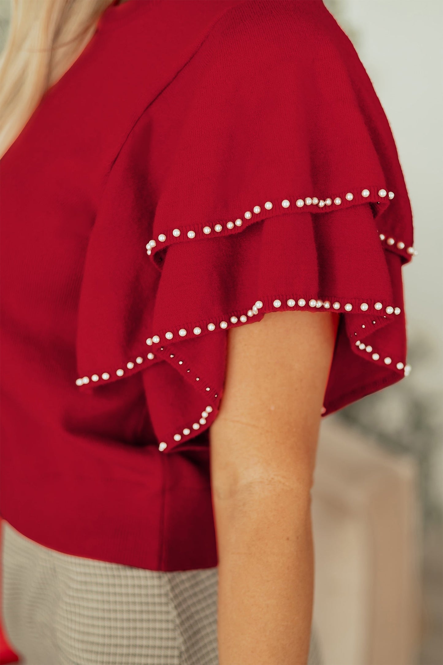 Solid Pearl Embellished Double Ruffle Sleeve Sweater