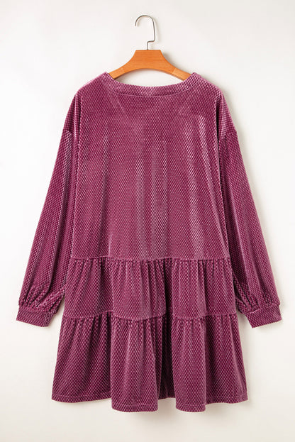 Plus Size Textured Velvet Buttoned Tiered Dress