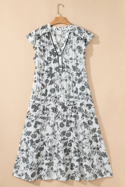 Floral Piping Trim Notch Neck Maxi Dress