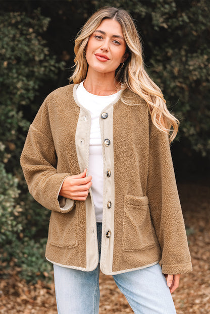 Fleece Corduroy Patchwork Button Up Jacket
