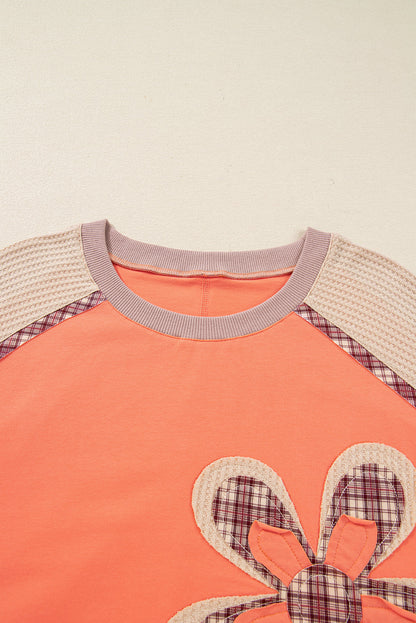 Plus Size Plaid Flower Patchwork 3/4 Sleeve Top