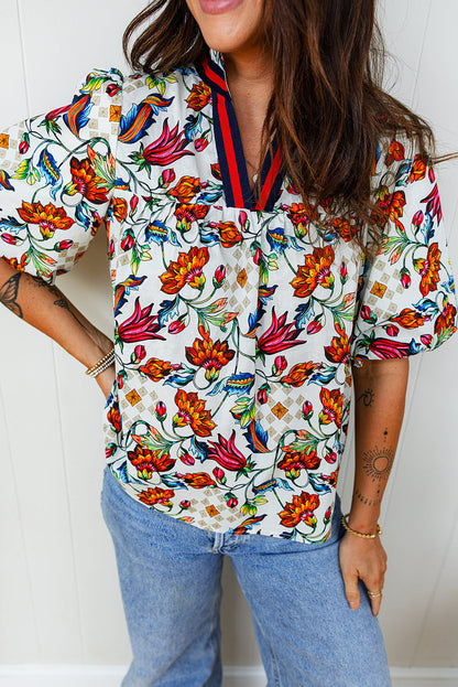 Floral V-Neck Puff Sleeve Blouse