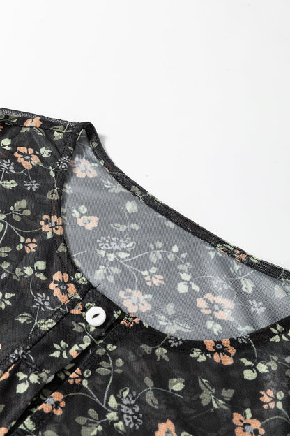 Black Floral Print Mesh Tank Button Front Slim Cardigan 2pcs Set