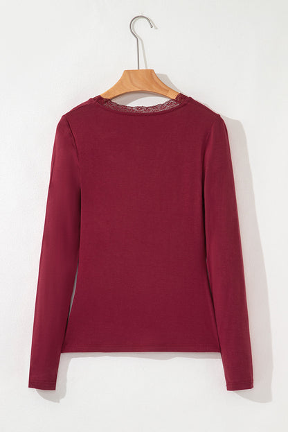 Lace Trim Ruched V-Neck Long Sleeve Top
