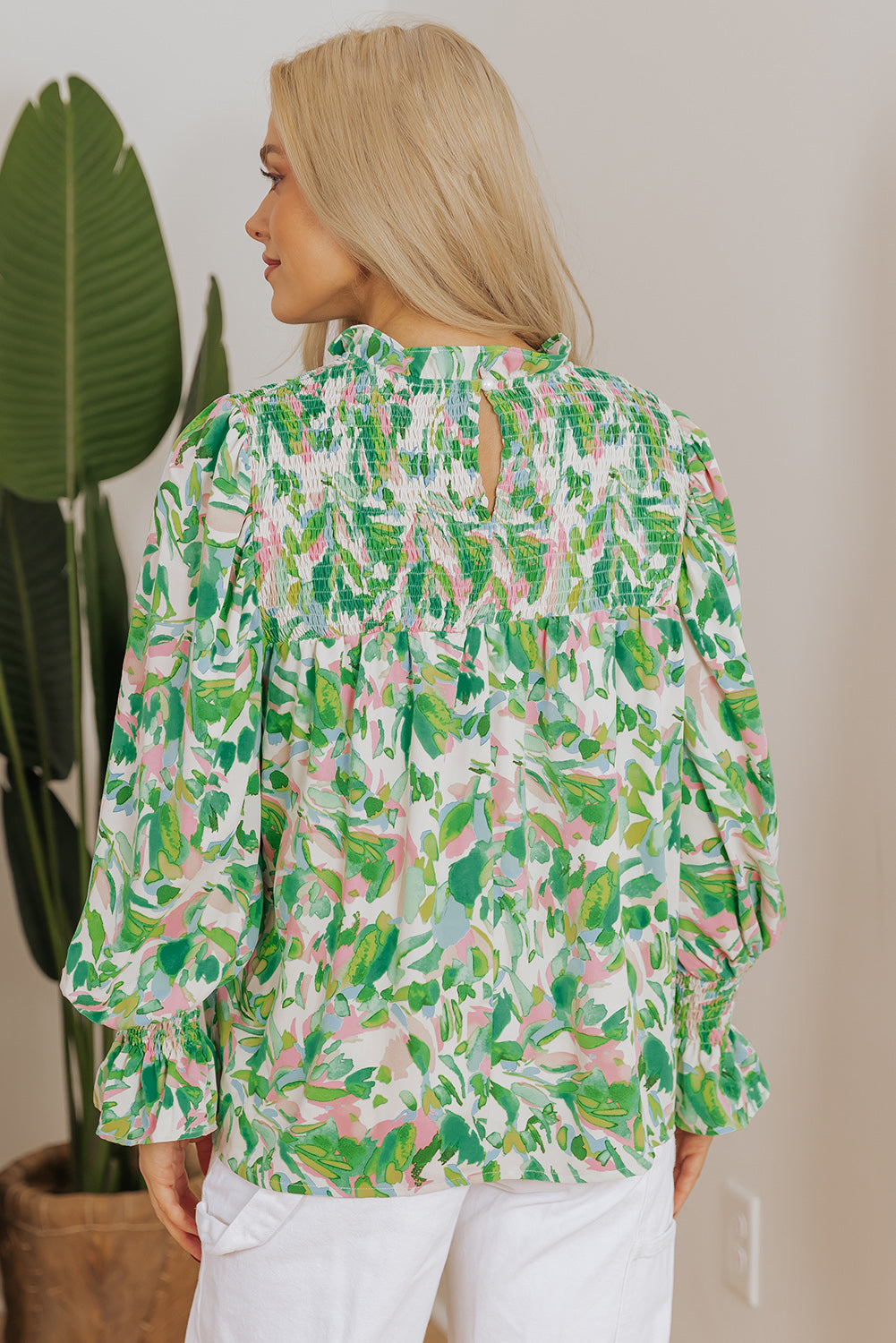 Leaf Flounce Sleeve Shirred Mock Neck Blouse
