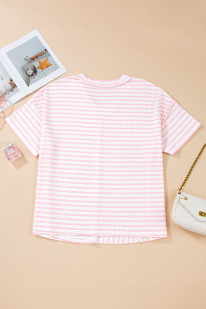 Plus Size Stripe V-Neck Patchwork T-shirt