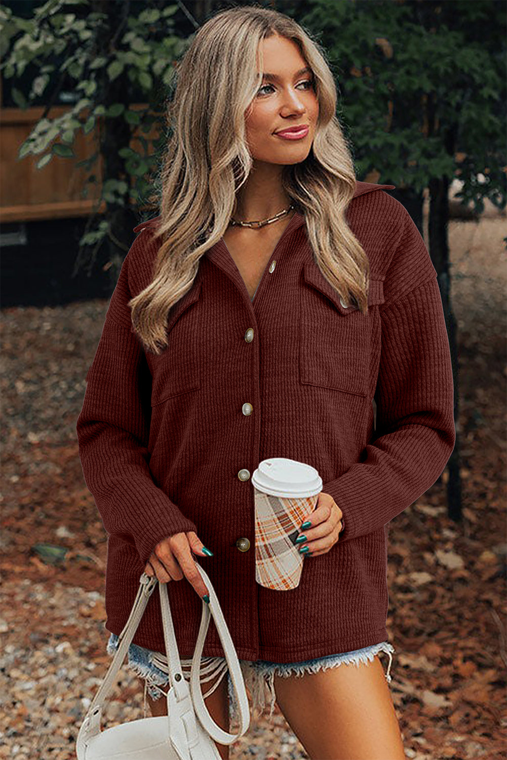 Ribbed Knit Flap Pocket Button-Up Shacket